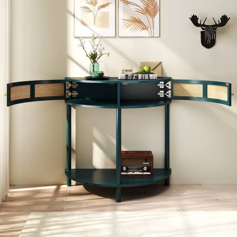 Half Moon Design End Table with Sliding Rattan Door