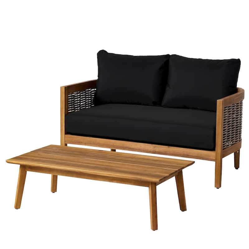 Christopher Knight Home Burchett Acacia Wood Outdoor Loveseat and Coffee Table Set with Optional Sunbrella Cushions