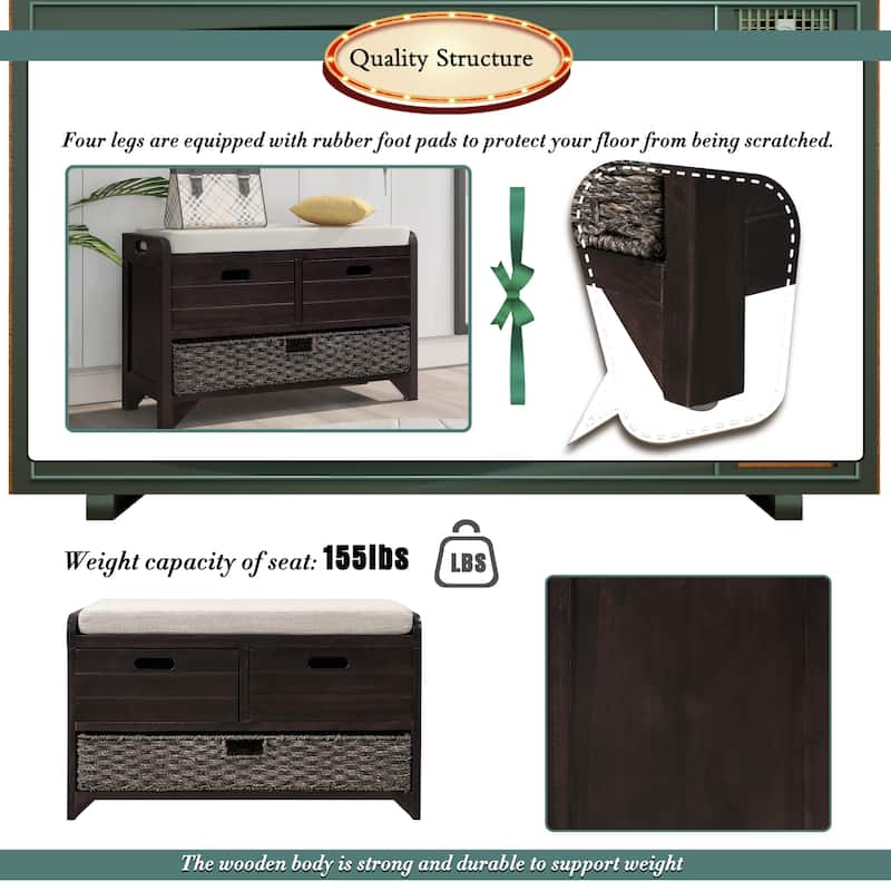 Storage Bench with Removable Basket and 2 Drawers, Fully Assembled Shoe Bench with Removable Cushion