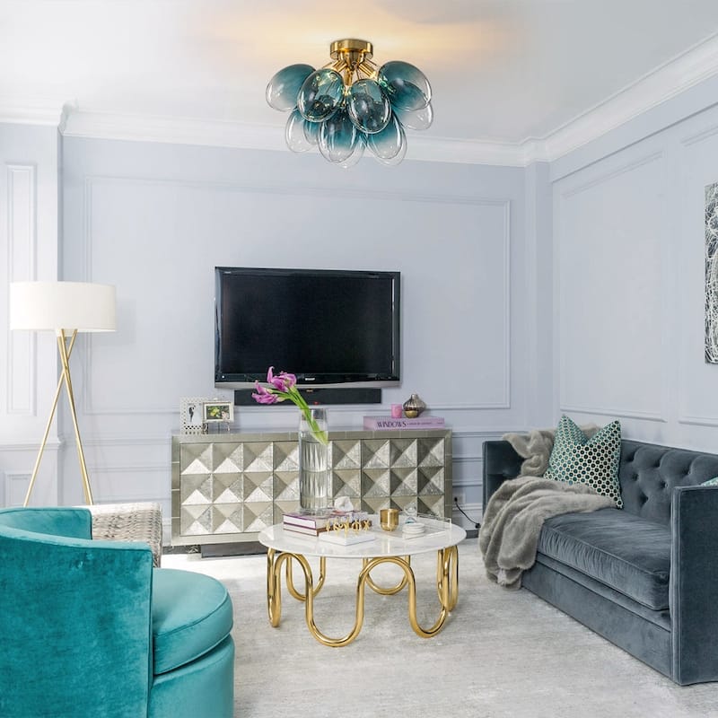 Cluster Blue Tinted Glass Globe Oval Bubble Semi Flush Chandelier