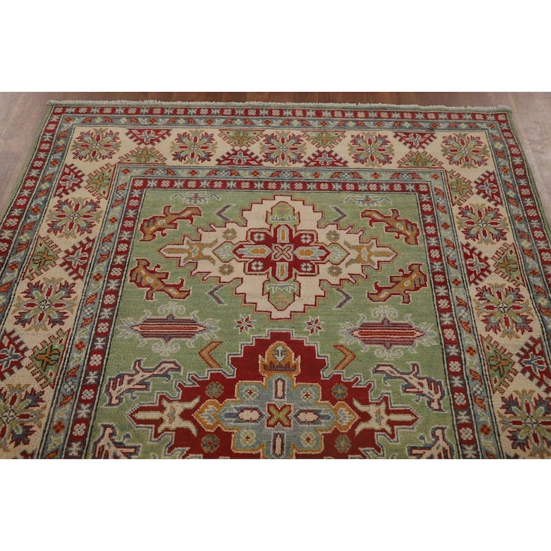 Light Green Geometric Kazak Area Rug Handmade Wool Carpet - 5'0" x 7'0"