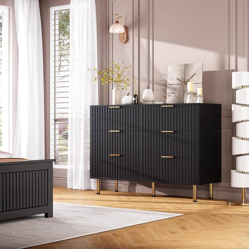 Fluted 6 Drawer Dresser, Modern Wide Chest with Deep Drawers, Wooden Storage Organizer for Living Room, Hallway