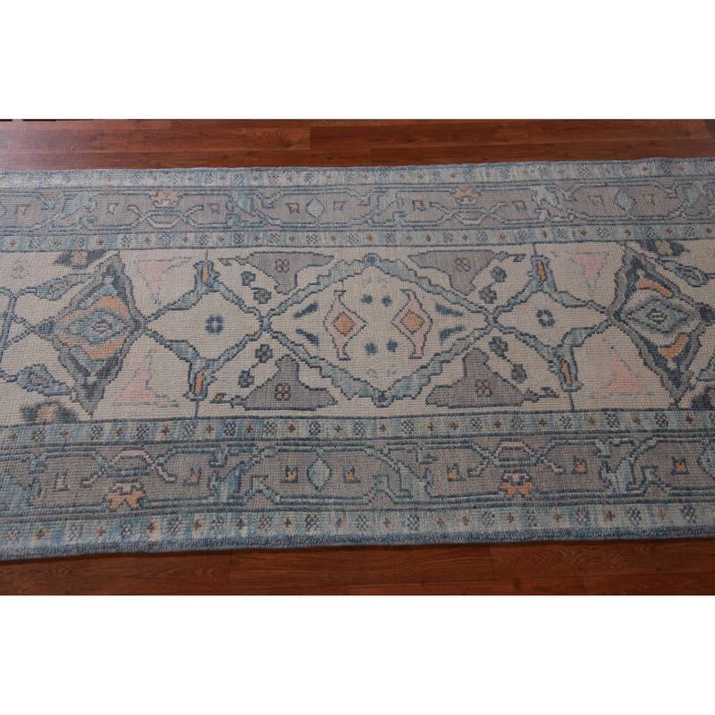 Hand Knotted Oriental 100% Wool Carpet Transitional Geometric Beige & Ivories Oushak Runner Rug - 14' 11'' X 3' 2''