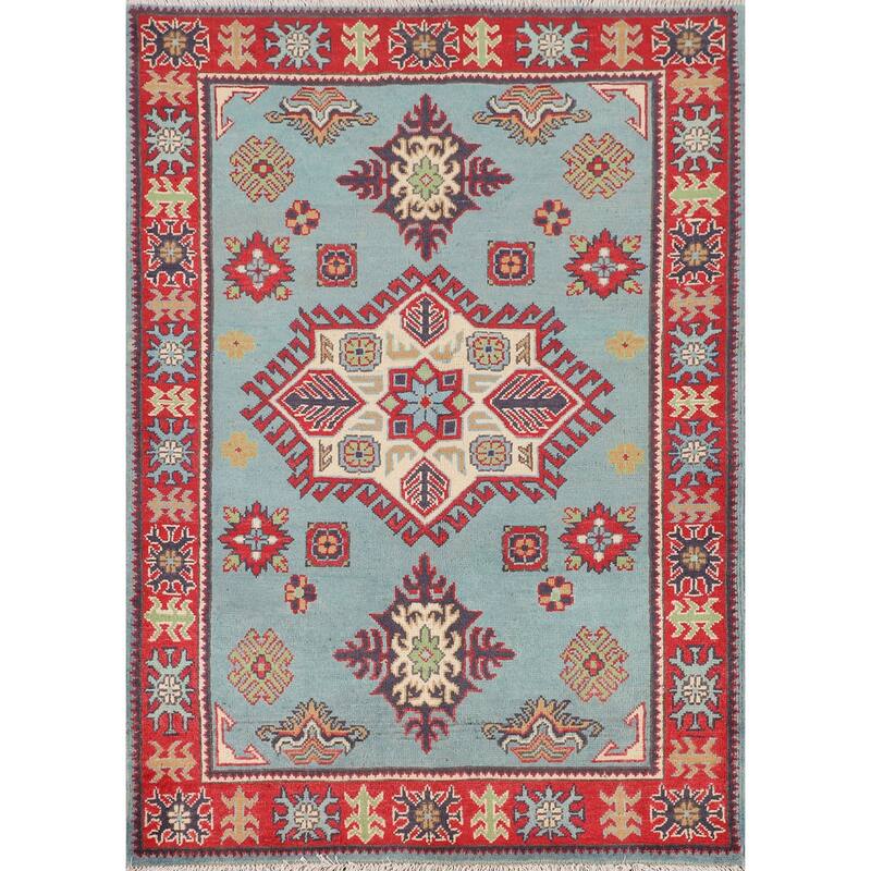 Light Blue Geometric Kazak Foyer Rug Hand-Knotted Oriental Wool Carpet - 3'5" x 4'10"