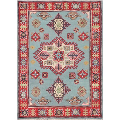 Light Blue Geometric Kazak Foyer Rug Hand-Knotted Oriental Wool Carpet - 3'5" x 4'10"