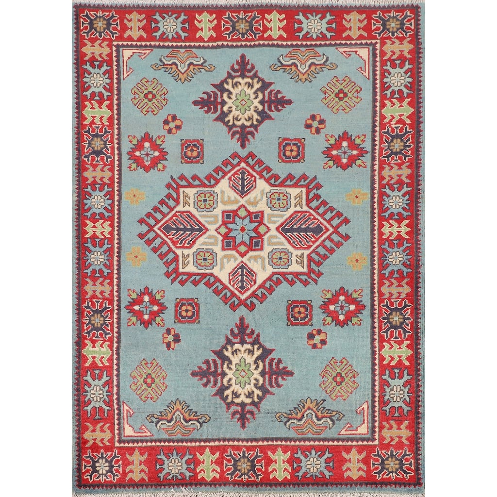 Light Blue Geometric Kazak Foyer Rug Hand-Knotted Oriental Wool Carpet - 3'5" x 4'10"