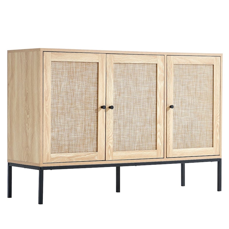 47i Ich Natural Rattan Storage Cabinet with 3 Magnetic Doors and Adjustable Shelves - 47.2 x 14.1 x 31.5 in
