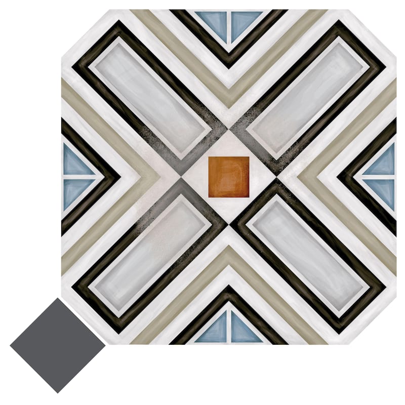Merola Tile Vaudeville Octagon Deco Ritter with Taco Antracita 7-7/8" x 7-7/8" Porcelain Floor and Wall Tile