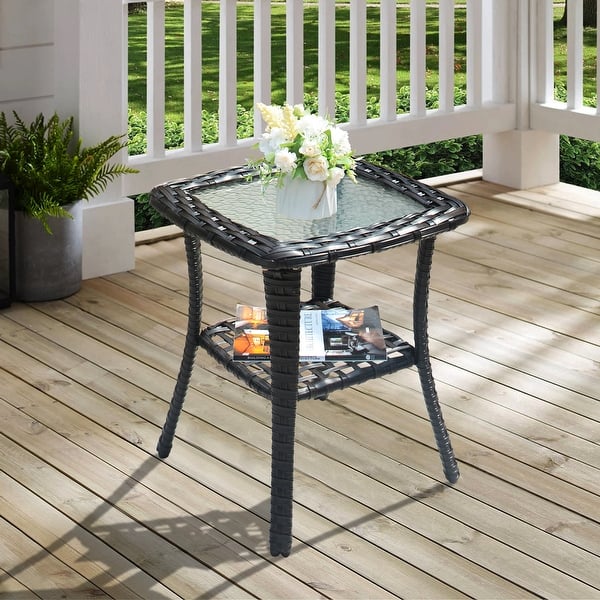 Outdoor Side Table Patio Wicker Coffee Table Outdoor End Table Rattan Bistro Table With Storage & Black Glass Table Top Round For Outside