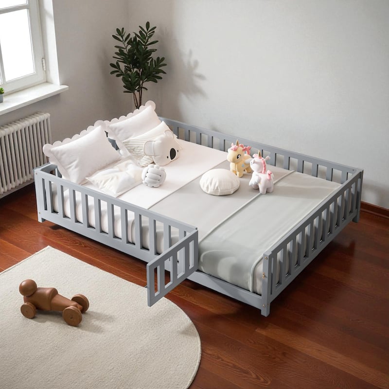 Full Size Montessori Floor Bed with Fence and Door, Solid Wood Platform Bed with Slats for Kids and Toddlers