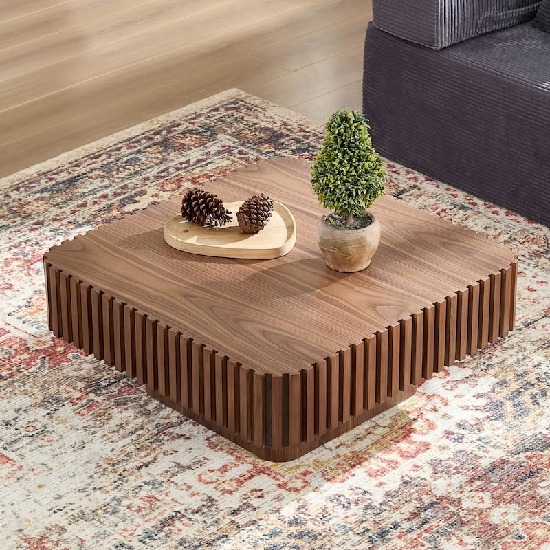Fluted Design Accent Table Small Wood Coffee Table and Sturdy Pedestal