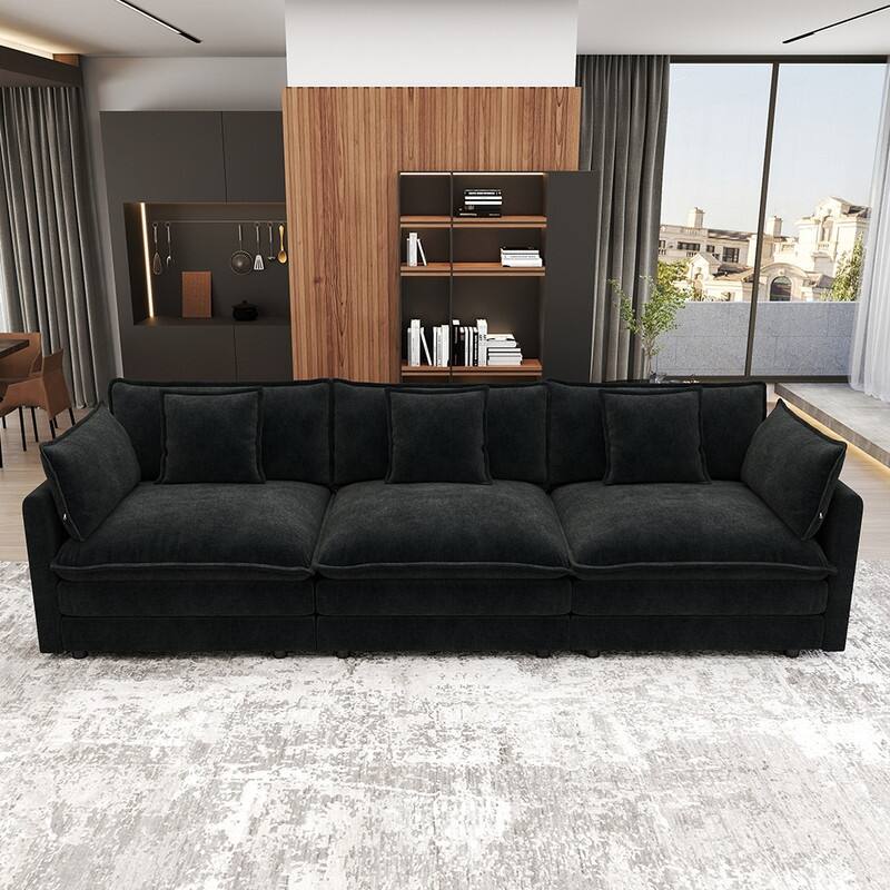 Modern Living Room Set, Upholstered Chenille Sofa with Pillows for Living Room, Chenille - 111.5" 3-Seat Sofa - Black