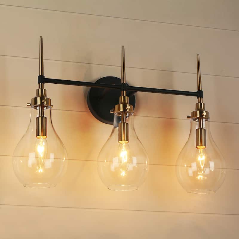 Synia Mid-Century Modern Black 3-Light Bathroom Vanity Lights Globe Wall Sconce Dimmable - L 21.6" x W 7.1" x H 14.5"