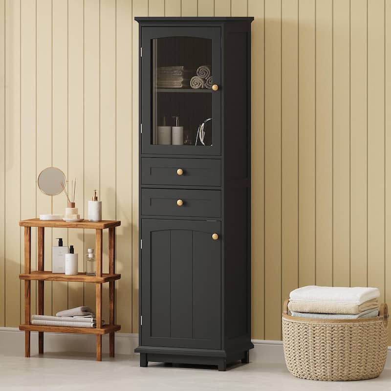 Tall Free-Standing Bathroom Storage Cabinet with Glass Doors and Two Drawers - Black