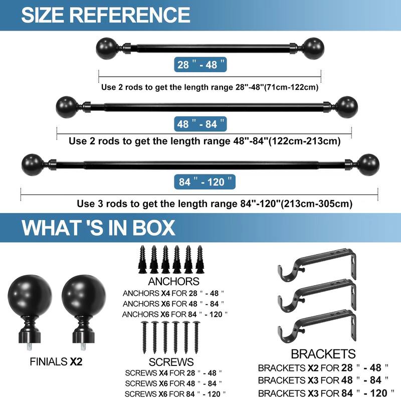 1-inch Diameter Steel Ball Adjustable Single Drapery Curtain Rod