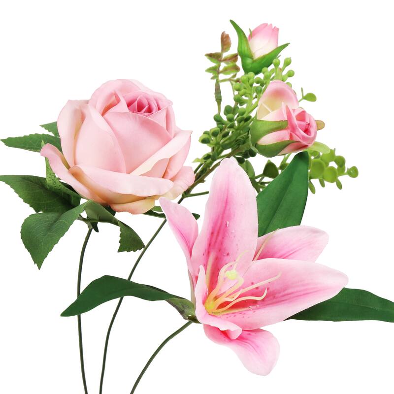 Set of 2 Pink Artificial Mixed Rose Stargazer Lily Flower Stem Bush Bouquet 18in - 18" L x 11" W x 11" DP