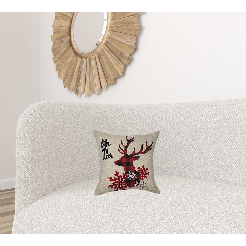 14" X 14" Beige and Red Deer Christmas Reindeer Linen Blend Zippered Pillow With Embroidery