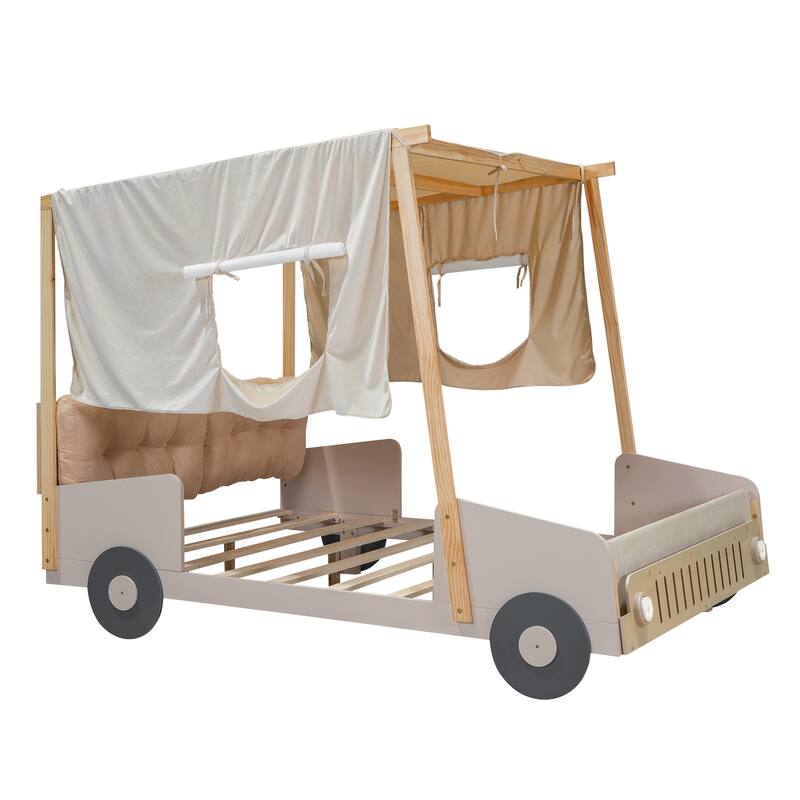 Car Bed With Pillow, Ceiling Cloth And Led, Natural
