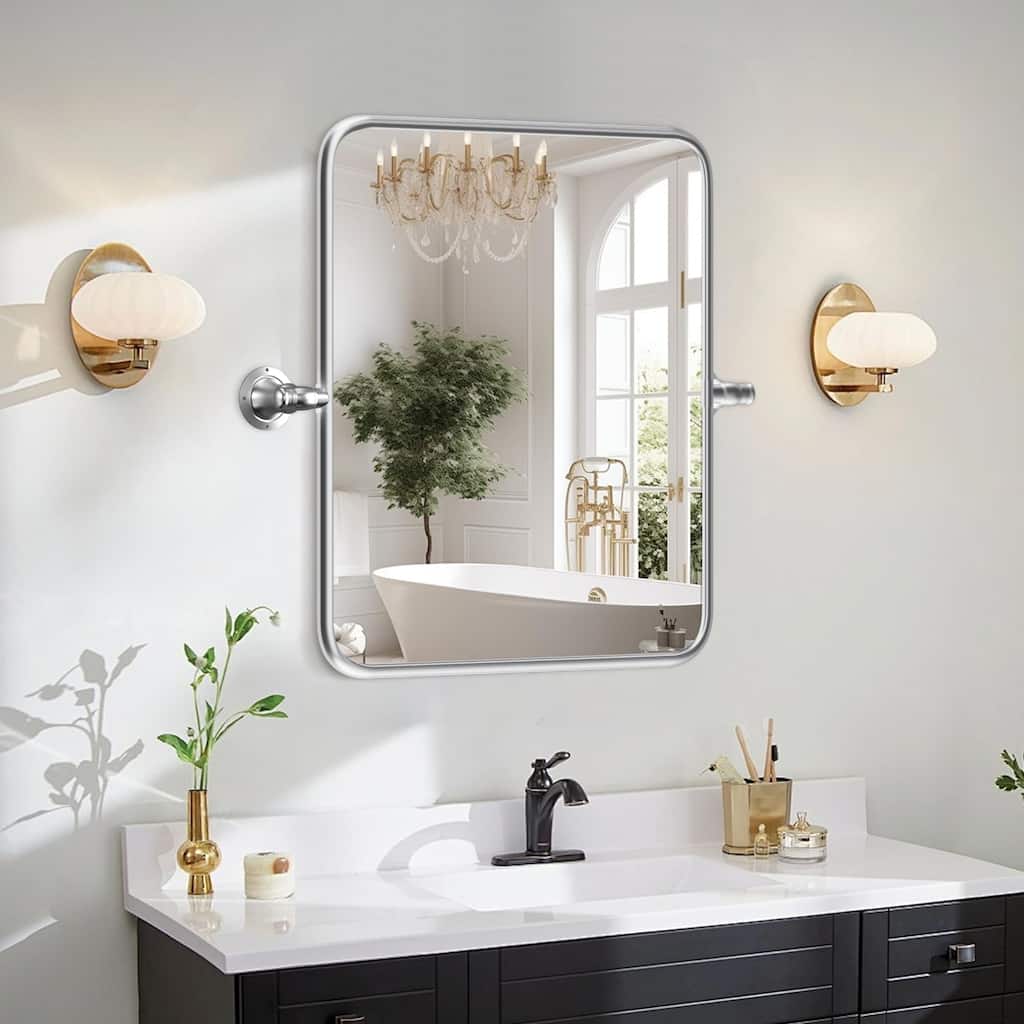 Rectangle Bathroom Tilting Vanity Wall Pivot Mirror, with Rounded Corner Design