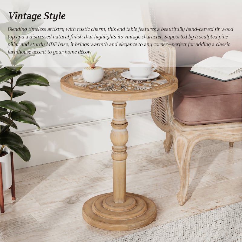 COZAYH Farmhouse Round Side Table with Carved Top, Rustic Pine Wood Pedestal Accent Table, Distressed Finish, Natural Wood
