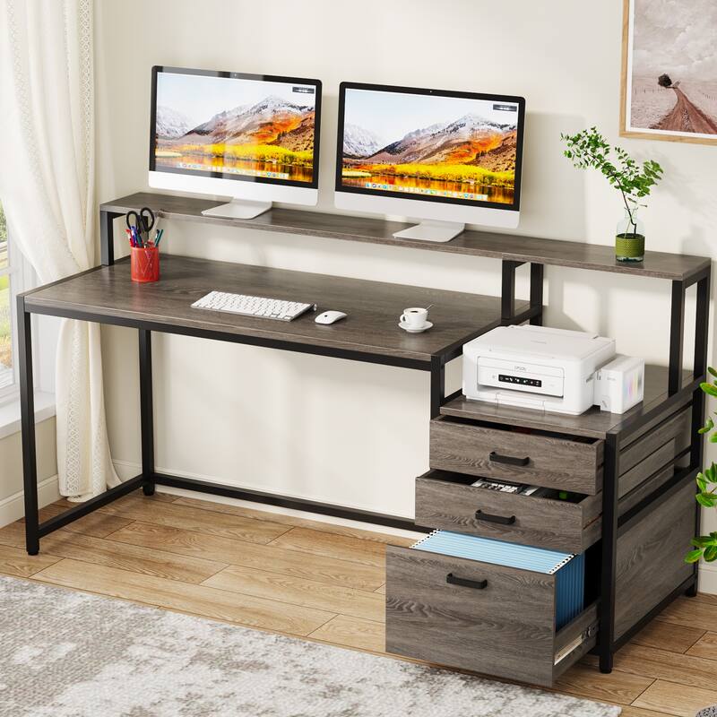 63 Inch Computer Desk with File Drawers, Ergonomic Office Desks with Monitor Stand