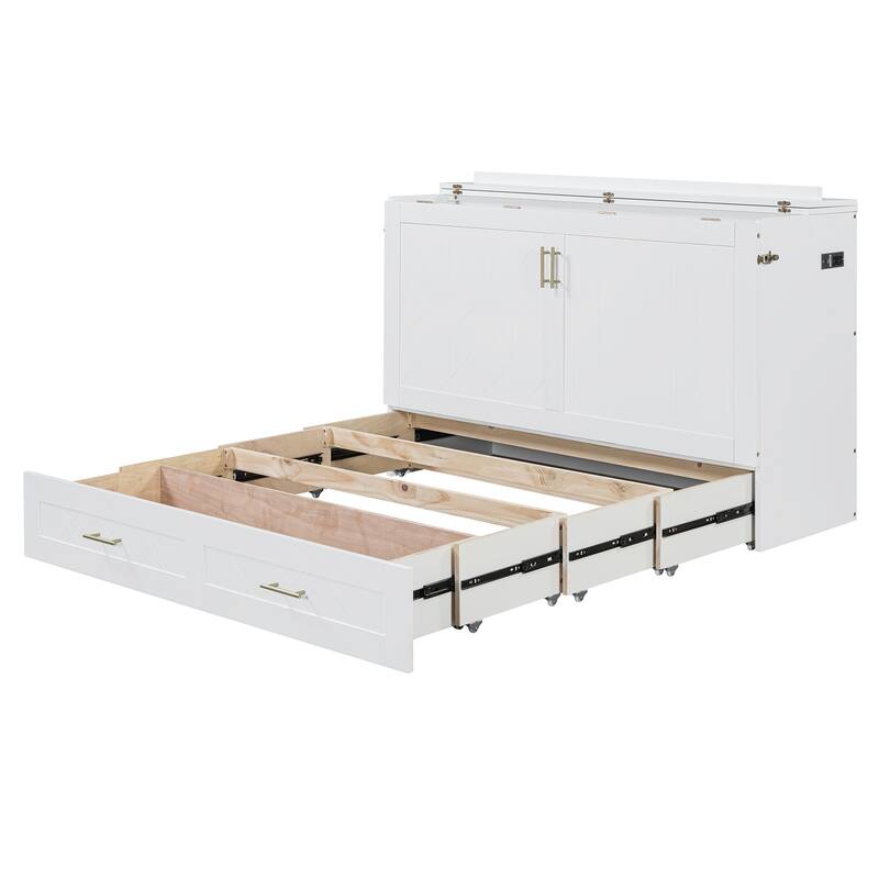 Full Size Murphy Bed with Pulley Structure Design, Drawer and USB Ports for Bedroom