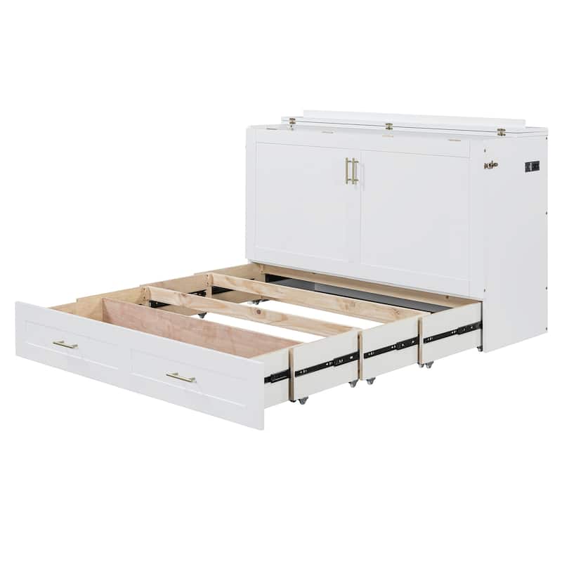 Queen Size Murphy Bed with Pulley System, Storage Drawer, USB Ports, and Sockets, Space-Saving