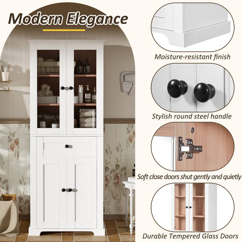 67.2" Tall Bathroom Storage Cabinet with Tempered Glass Doors, Adjustable Shelves, Soft-Close Design