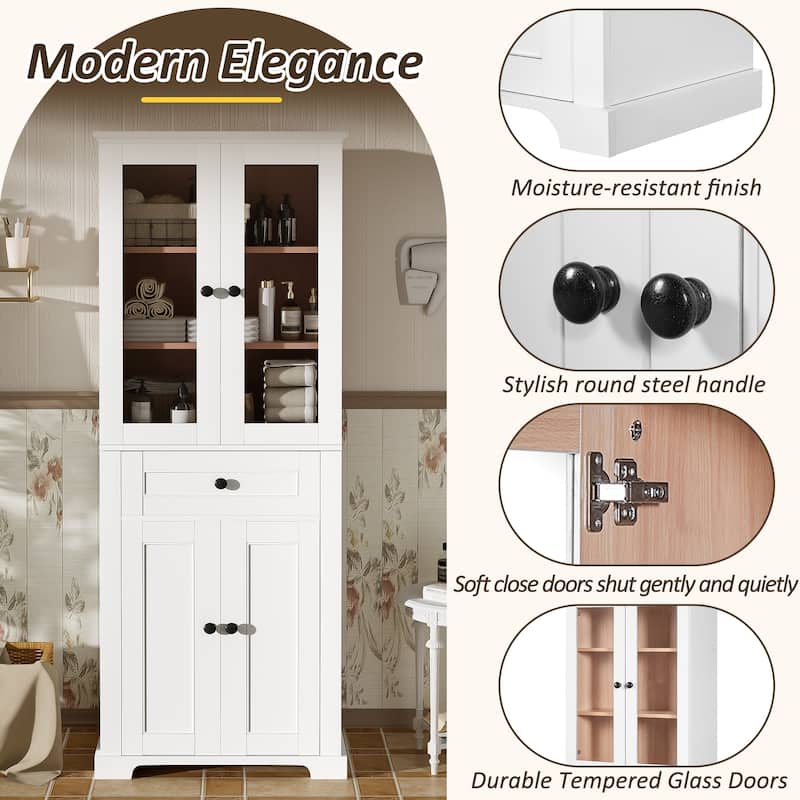 GDFStudio - Mary 63" Tall Bathroom Storage Cabinet with Glass Doors, Two Drawers, and Adjustable Shelves