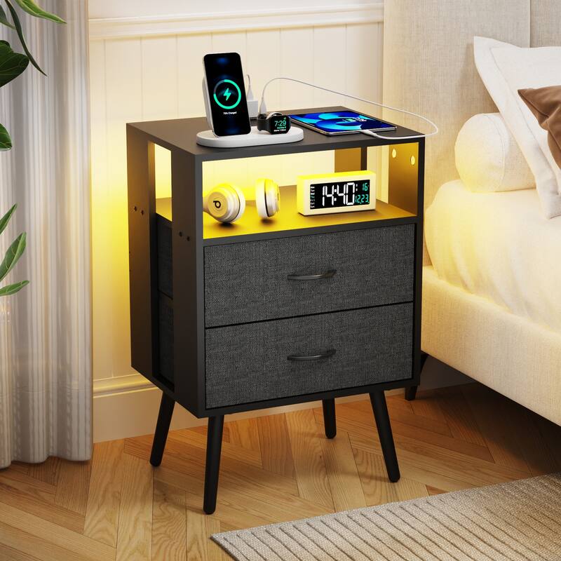 2 Pack Modern Nightstand with Charging Station, Bedside Tables with LED Light and Fabric Drawers