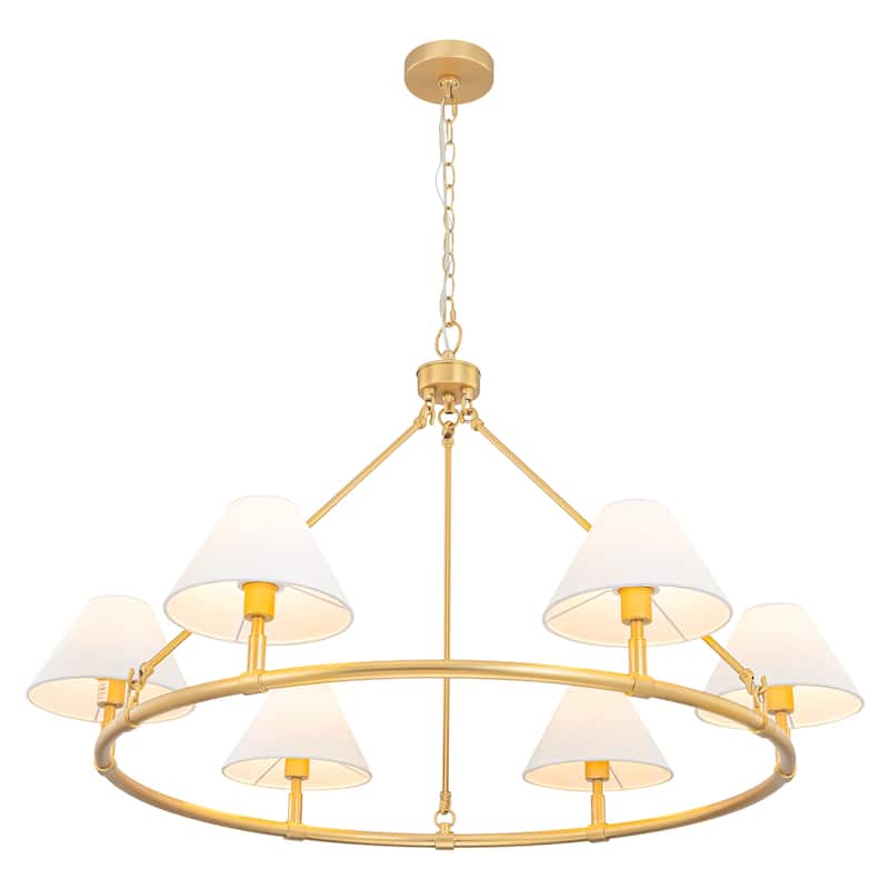 6-Light Modern Farmhouse Fabric Gold Wagon Wheel Chandelier for Dining Room - 39.3 in. W x 25.2 in. H