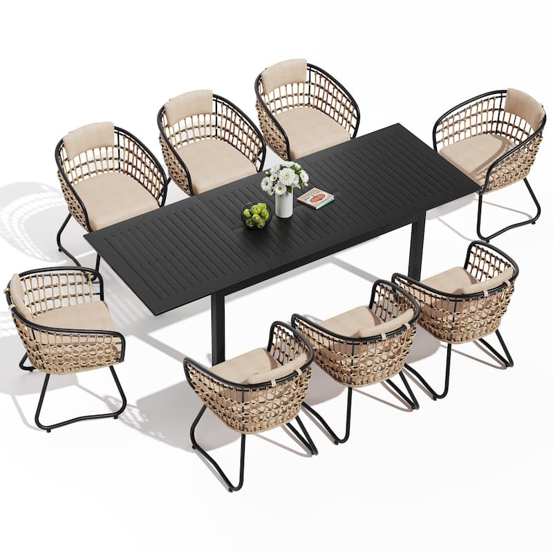 9-Piece Outdoor Dining Set Expandable Aluminum Dining Table Rectangular with PE Rattan Chairs