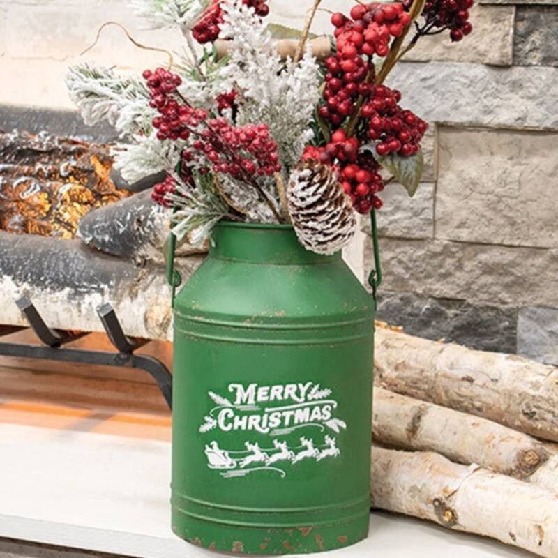 Rustic Green Metal Milk Can with Merry Christmas Santa Design