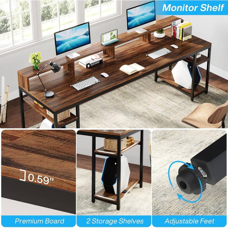 2 people Desk with Monitor Stand, 78" Office Desk with Storage Shelves (Rustic Brown)