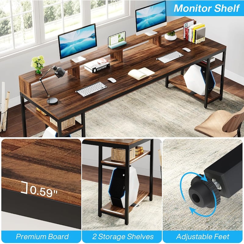 Two Person Desk with Monitor Stand,78.74"Long Double Computer Office Desk with Storage Shelves,Large Writing Table Workstation