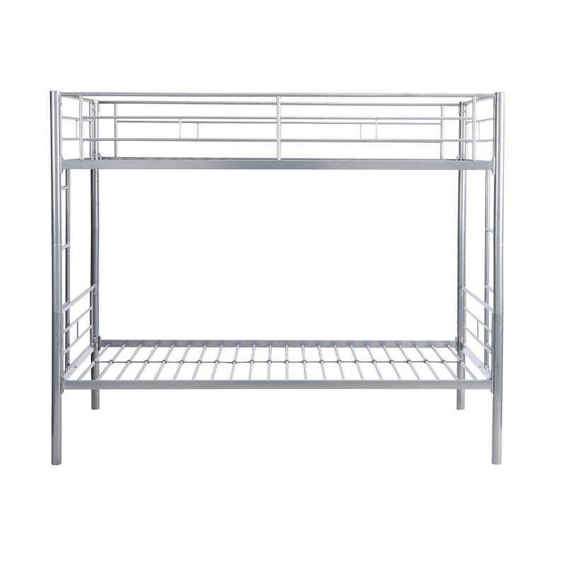 Silver Twin over Twin Size Metal Bunk Bed with Ladder and Fence for for Bedroom, Kids, Boys and Girls