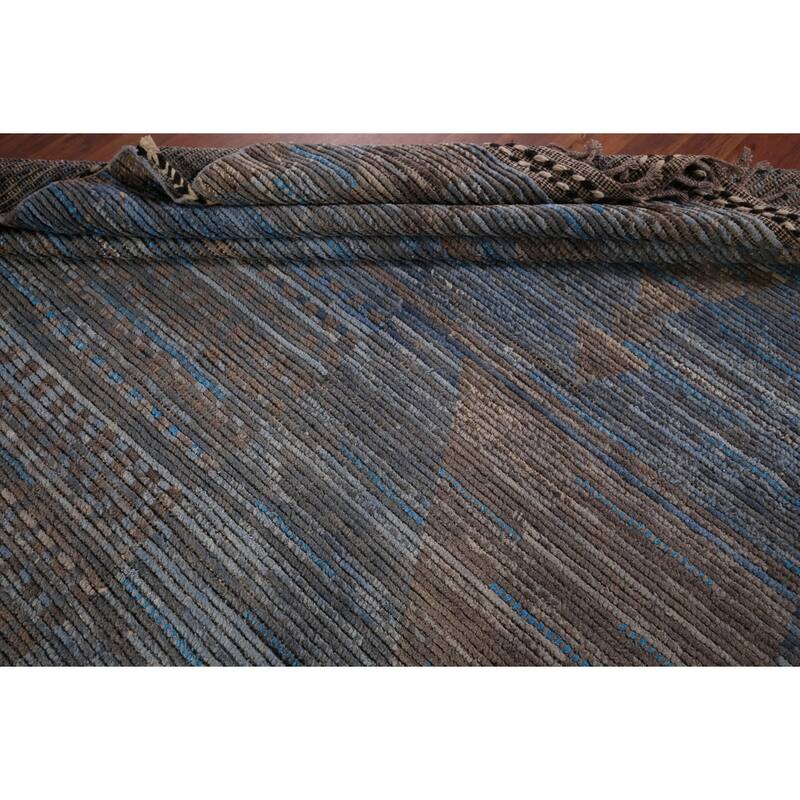 Blue Striped Moroccan Abstract Area Rug Hand-Knotted Wool Carpet - 8'0"x 12'7"