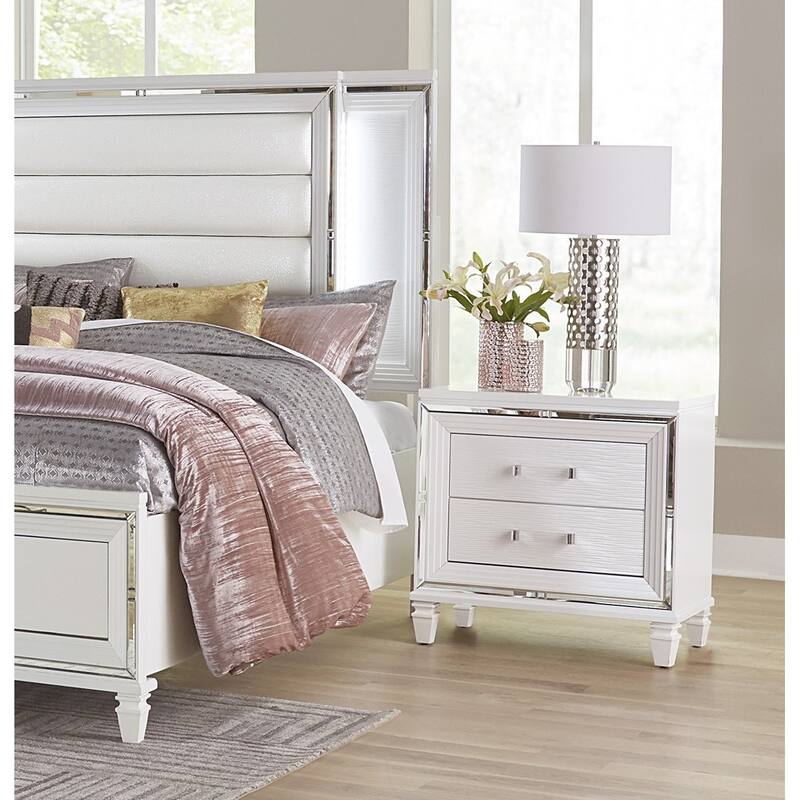 Glamorous White Silver Nightstand, 2 Drawers, Acrylic Bar Pulls, Stylish