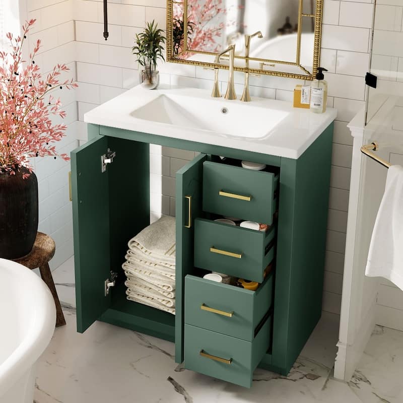 30'' Modern Wooden Bathroom Vanity with Ceramic Sink Combo and Soft Closing Doors - Green