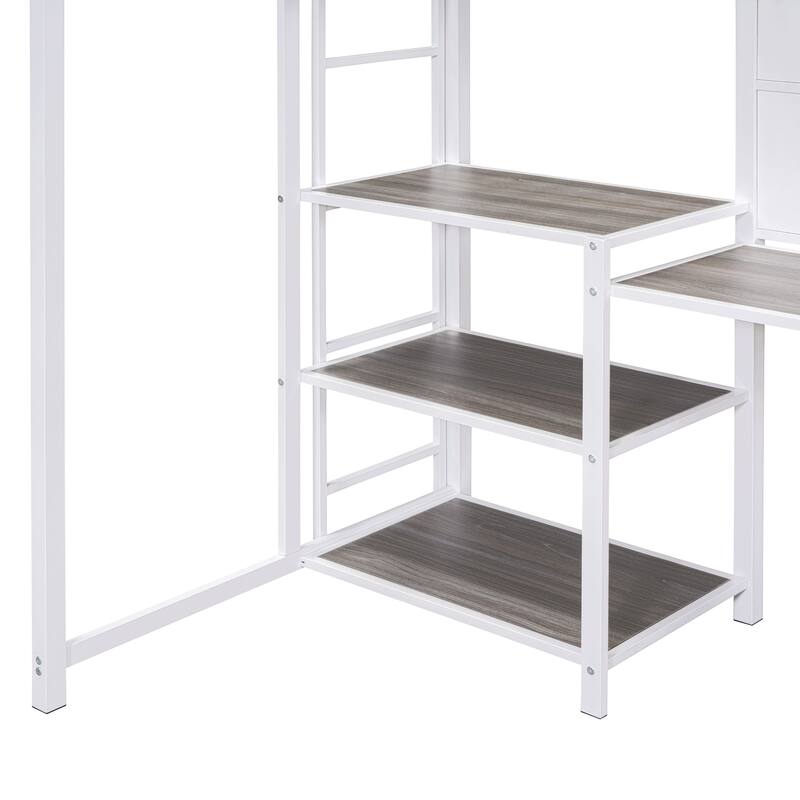 White Twin Size Metal Loft Bed with Desk, Whiteboard, Shelves, and Ladder