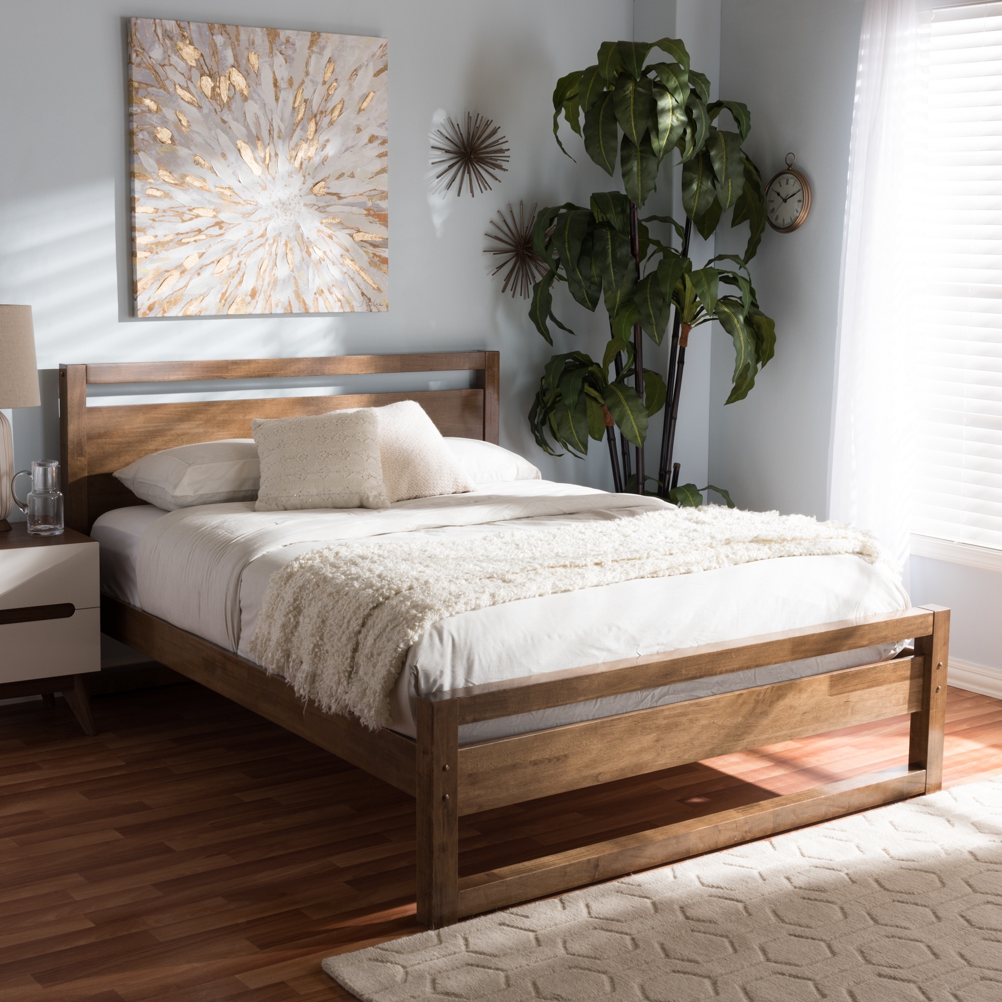 Mid Century Brown Wood Platform Bed by Baxton Studio On Sale