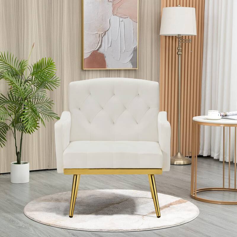 Velvet Accent Chair, Comfy Tufted Upholstered Armchair, Gold Legs - 28.7“W - White