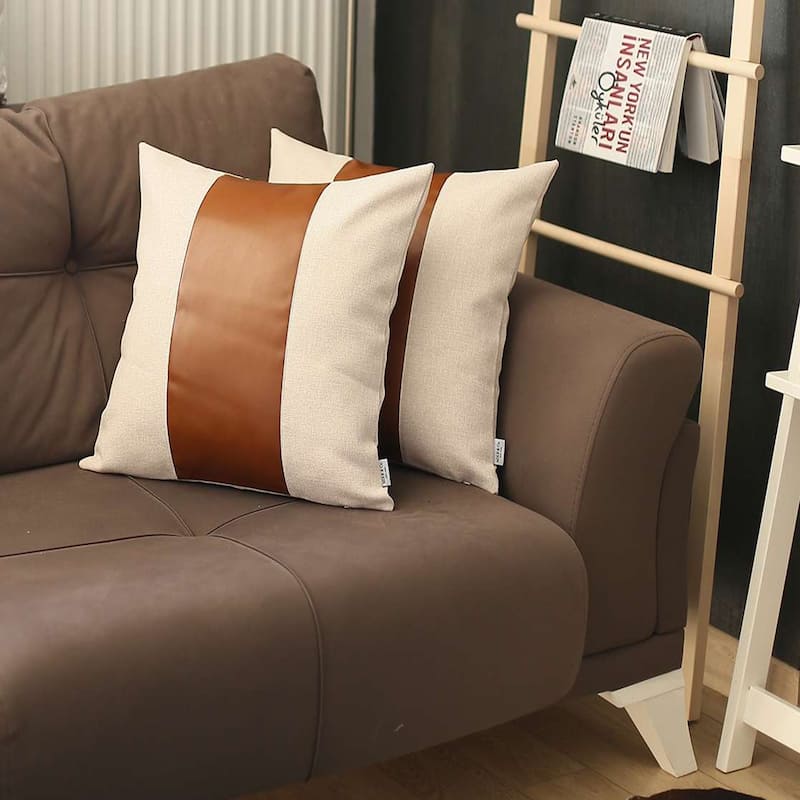 Boho-Chic Decorative Vegan Faux Leather Pillow Covers 2 PCS - 18x18 - Ivory-Brown