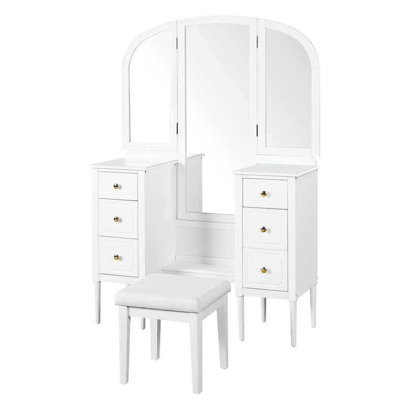 Makeup Vanity Desk with Triple Mirror, 6-Drawers and Stool