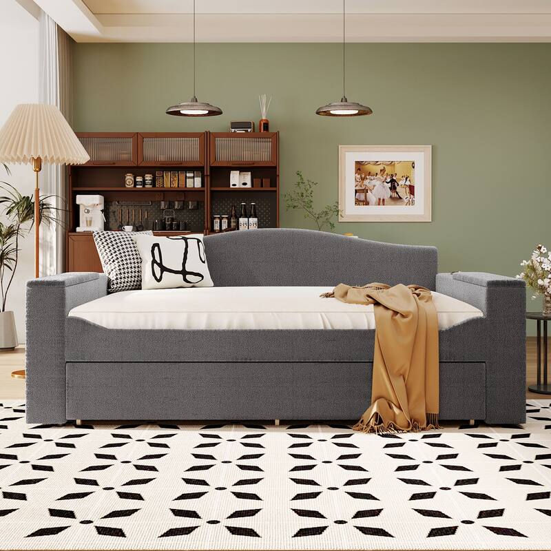 Upholstered Daybed with Storage Armrests, Trundle and Latest Integrated Bluetooth Audio System
