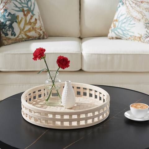Basket Weave Round Bamboo Decorative Tray - White Wash