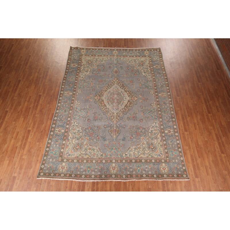 Traditional Gray Tabriz Persian Vintage Rug Hand-Knotted Wool Carpet - 9'6"x 12'11"