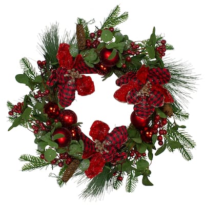 Magnolia and Red Berries Artificial Christmas Wreath - 22-Inch Unlit - 22"