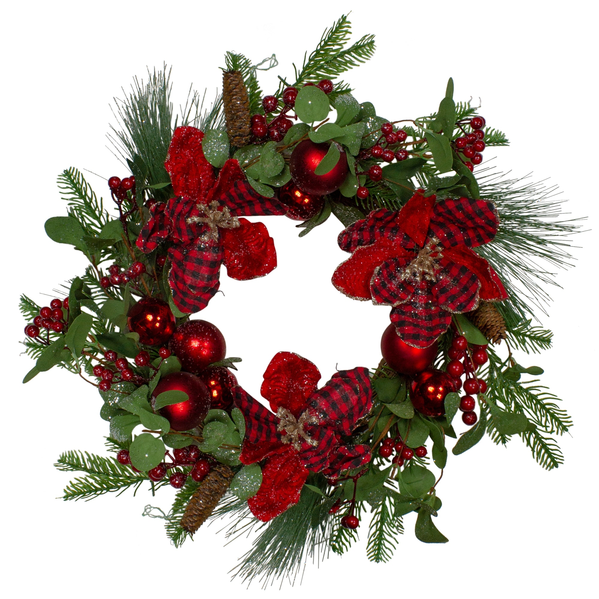 Magnolia and Red Berries Artificial Christmas Wreath - 22-Inch Unlit - 22"