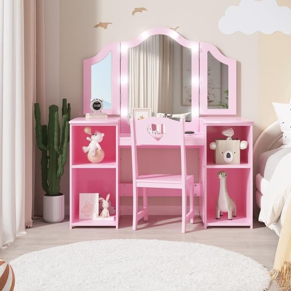 Kids Vanity Table - Princess Dressing Table with Touch Light - Bed  